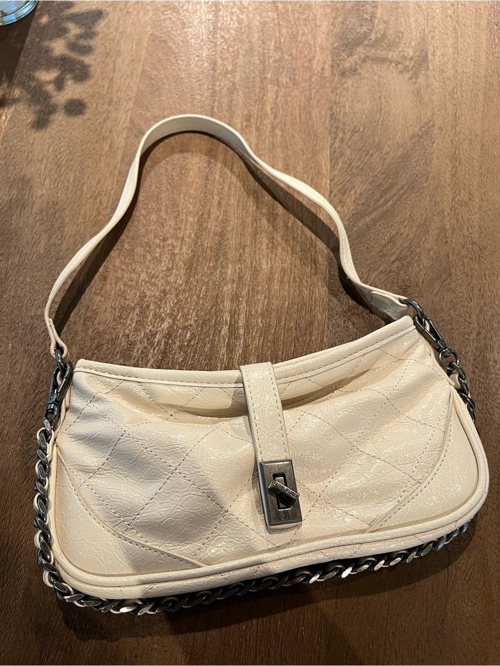 Steve Madden Cream Quilted Shoulder Bag with Chain Accent
